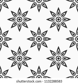 Abstract seamless pattern. Repeating geometric ornament. Symmetric shapes of stylized sun or flower. Vector monochrome background.