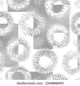 Abstract seamless pattern. Repeating geometric circle. Repeated background. Hands draw brush strokes. Repeat silver flowers for design prints. Blots grunge effect. Wrapping paper. Vector illustration