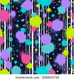 Abstract Seamless Pattern. Repeating Graffiti Backdrop. Background Paint Splatter. Grafitti Splash. Grunge Texture. Bright Random Shape. Repeated Brush Strokes Patern For Design Sports Prints. Vector