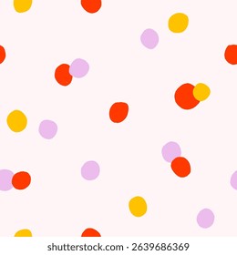 Abstract seamless pattern, repeating print. Endless background, playful random polka dot, chaotic circles texture. Colored flat vector illustration for wrapping, wallpaper, textile and fabric design