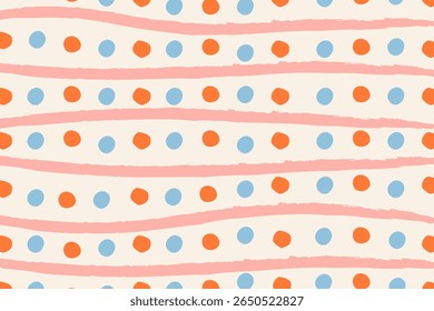 Abstract seamless pattern, repeating print with doodle scribble subtle stripes, tiny dots, spots. Endless background, hand-drawn texture design in funky modern style. Flat vector illustration