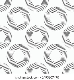 Abstract seamless pattern of repeating round striped circular ornaments isolated on white background. Camera lens aperture icons. Vector monochrome illustration.