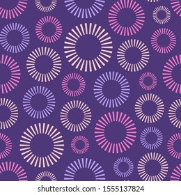 Abstract seamless pattern of repeating round striped ornaments isolated on purple background. Stylish texture. Vector color illustration.