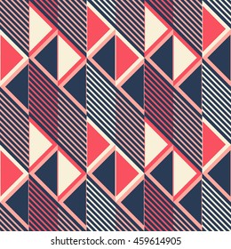 Abstract seamless pattern in retro colors. Parallelogram tiles filled with diagonal lines alternate with ones filled with triangles. Stylish geometric print for modern design