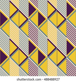 Abstract seamless pattern in retro colors. Parallelogram tiles filled with diagonal lines alternate with ones filled with triangles. Stylish geometric print. Vector illustration for modern design