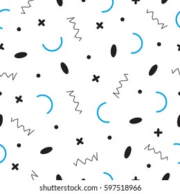 Abstract seamless pattern. Retro, Memphis style. Geometrical plane illustration for printing on fabric, paper. Wrap, wallpaper, cover for design.