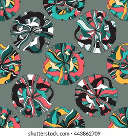 Abstract seamless pattern with retro shapes rings and  waves on grey background. Hand drawn background for design and decoration textile, covers, package, wrapping paper.