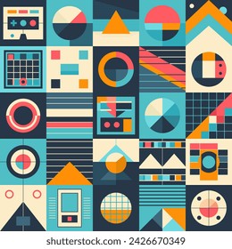 Patrón sin fisuras abstracto en estilo retro con formas geométricas y líneas, ilustración vectorial plana