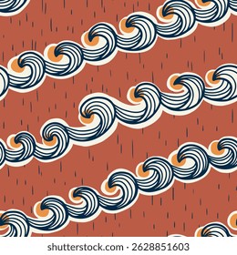 Abstrato padrão sem emenda no estilo retrô. Design gráfico de superfície, impressão marinha com ondas de doodle desenhadas à mão. Textura repetida com ondas de desenho simples, redemoinhos, linhas. Ilustração vetorial.