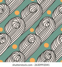 Abstrato padrão sem emenda no estilo retrô. Papel de parede geométrico ou impressão têxtil, design gráfico de superfície de formas geométricas desenhadas à mão, linhas onduladas em fundo verde. Ilustração vetorial.