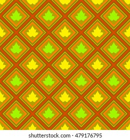Abstract seamless pattern with rhombus and maple leaves in autumn colors. This pattern can be used in the design of textile, printing on paper, covers, cards and as a design element.