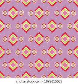 Abstract seamless pattern of rhombuses and other shapes. Bright print on a lilac background.Great for decorating fabrics, textiles, gift wrapping design, any printed materials, including advertising. 