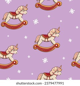 Abstract seamless pattern with rocking horse illustration. Christmas Unicorn toy Holidays wallpaper, snowflakes.