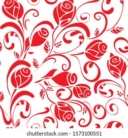 Abstract seamless pattern with rose flower buds in red on white background