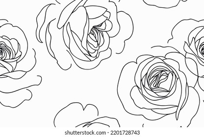 	
Abstract seamless pattern with roses. Beautiful blossoming hand drawn flower isolated on white background. Line art design. Vector stock illustration