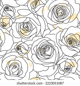 Abstract seamless pattern with roses. Beautiful blossoming hand drawn flower on white background. Line art wallpaper. Vector stock illustration.