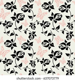 Abstract seamless pattern with a roses and butterflies