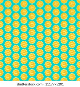 Abstract seamless pattern with round figures on light blue background. Repeat ornament with geometric elements in orange color. Designs for textile, wallpaper, fabric, wrap