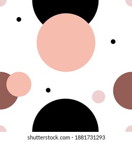 Abstract seamless pattern with round shapes Vector illustration Small and big circles in pink, black and brown colors on white backdrop