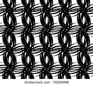 Abstract seamless pattern of round, wound elements with pointed ends in black and white style