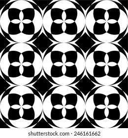 Abstract seamless pattern with rounded shapes and monochrome flowers.