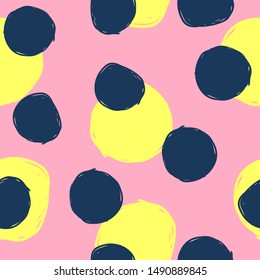 Abstract seamless pattern with rounded spots drawn rough brush. Grunge, sketch, graffiti. Simple vector illustration.