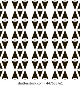 Abstract seamless pattern of sagittate and diamond-shaped elements. Geometric ornament with eye symbols. Laconic black and white print with tribal motifs. Vector illustration for creative design