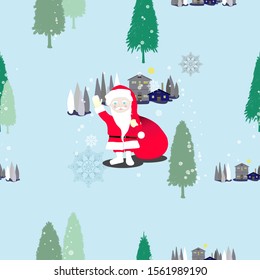 The abstract seamless pattern of Santa Claus with pine tree and houses background for Merry Christmas and happy new year vector illustration