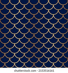 Abstract seamless pattern. Scale animal background. Fish scallop texture. Repeated skin fish. Repeating pattern fishscale. Design for print. Repeat blue with gold waves backdrop. Vector illustration