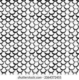 Abstract seamless pattern of scale shaped elements. Arch geometrical ornament. Vector hand drawn black ink illustration. Fish, mermaid, dragon, snake skin texture. Grunge hand drawn round brushstrokes