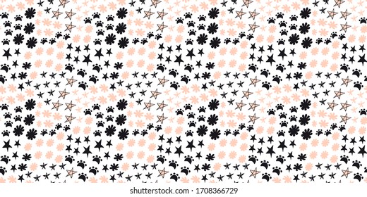 Abstract seamless pattern in Scandinavian style from stars, footprints of cat's feet, blot in floral forms in black, pale pink colors on a white background. Cute endless geometric background. Vector.