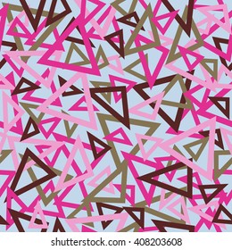 Abstract seamless pattern of scarlet, pink, green and brown overlapping triangles chaotic scattered on a light blue background.
