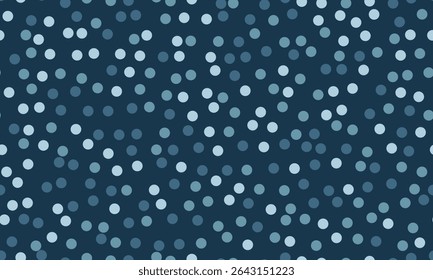 Abstract seamless pattern of scattered dots in varying shades of blue on a dark blue background.