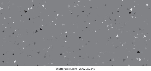 Abstractas patrón sin fisuras con triángulos dispersos grises, blancos y negros, círculos y líneas onduladas sobre un Mediano fondo gris sólido. Ideal para celebraciones festivas, invitaciones, o gráficos modernos...
