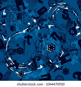 Abstract seamless pattern with scattered letters  from hand written word Monster. links, chains, mechanic detail, nuts, rounded lines, robot silhouette. Monochrome blue repeated  backup for textile