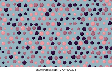 Abstrato padrão sem emenda com círculos rosa e roxo espalhados em um fundo azul claro.  Perfeito para design têxtil, fundos de site, ou marca divertida.