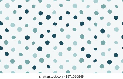 Abstract seamless pattern with scattered teal and blue dots on a white background.  Perfect for textile prints, wallpaper, website backgrounds, and playful branding.
