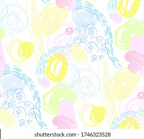 abstract seamless pattern in scribble style for packaging and clothes and goods in pastel shades on a white background.