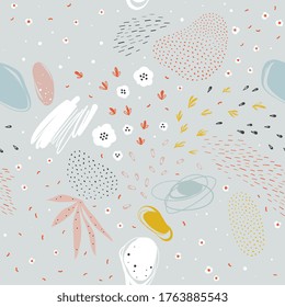 Abstract seamless pattern with scribble textures and doodle floral elements. Vector illustration.