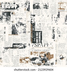 Abstract seamless pattern with scuffed collage of newspaper or magazine clippings. Vector background in grunge style with titles, illustrations and imitation of text. Wallpaper, wrapping paper, fabric