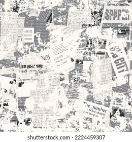 Abstract seamless pattern with scuffed collage of newspaper or magazine clippings. Vector background in grunge style with titles, illustrations and imitation of text. Wallpaper, wrapping paper, fabric