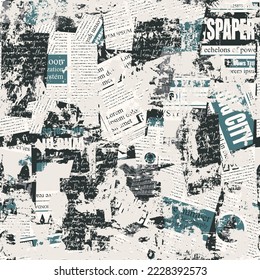 Abstract seamless pattern with scuffed collage of newspaper or magazine clippings. Vector background in grunge style with titles, illustrations and imitation of text. Wallpaper, wrapping paper, fabric