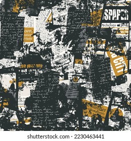 Abstract seamless pattern with scuffed collage of newspaper or magazine clippings. Vector background in grunge style with titles, illustrations and imitation of text. Wallpaper, wrapping paper, fabric