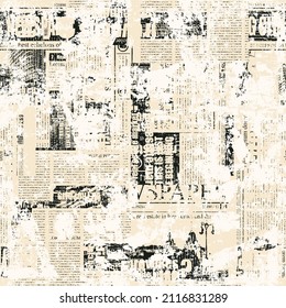 Abstract seamless pattern with scuffed newspaper collage in grunge style. Aged vector background with illegible newspaper clippings and chaotic paint spots. Wallpaper, wrapping paper or fabric design