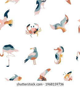 Abstract seamless pattern with sea animals and birds, colorful vector illustration