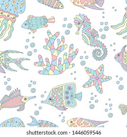 Abstract seamless pattern with sea fish, starfish, coral, seahorse, jellyfish, seaweed on white background