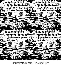 Abstract seamless pattern with seaweed,water,waves isolated.Memphis chinese japanese styles.Animation 80s-90s style.Desing for web,networks,textile.Creative doodle collage. Vector illustration.