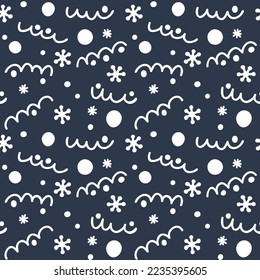 Abstract seamless pattern with serpentine, snowballs and snowflakes on a dark background. Snow pattern with blizzard swirls. Winter background in cartoon style for printing on textiles, paper.