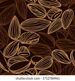 abstract seamless pattern of a set of almond kernels, for menu design or confectionery, textiles, vector illustration with colored contour lines on a chocolate background in doodle & hand drawn style