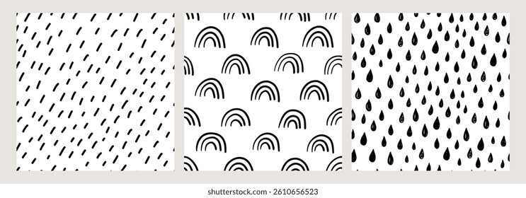 Abstract seamless pattern set. Black and white rain, rainbow, and raindrop doodle designs. Modern minimalist collection for fabric, wallpaper, wrapping paper, kids decor, and creative projects.